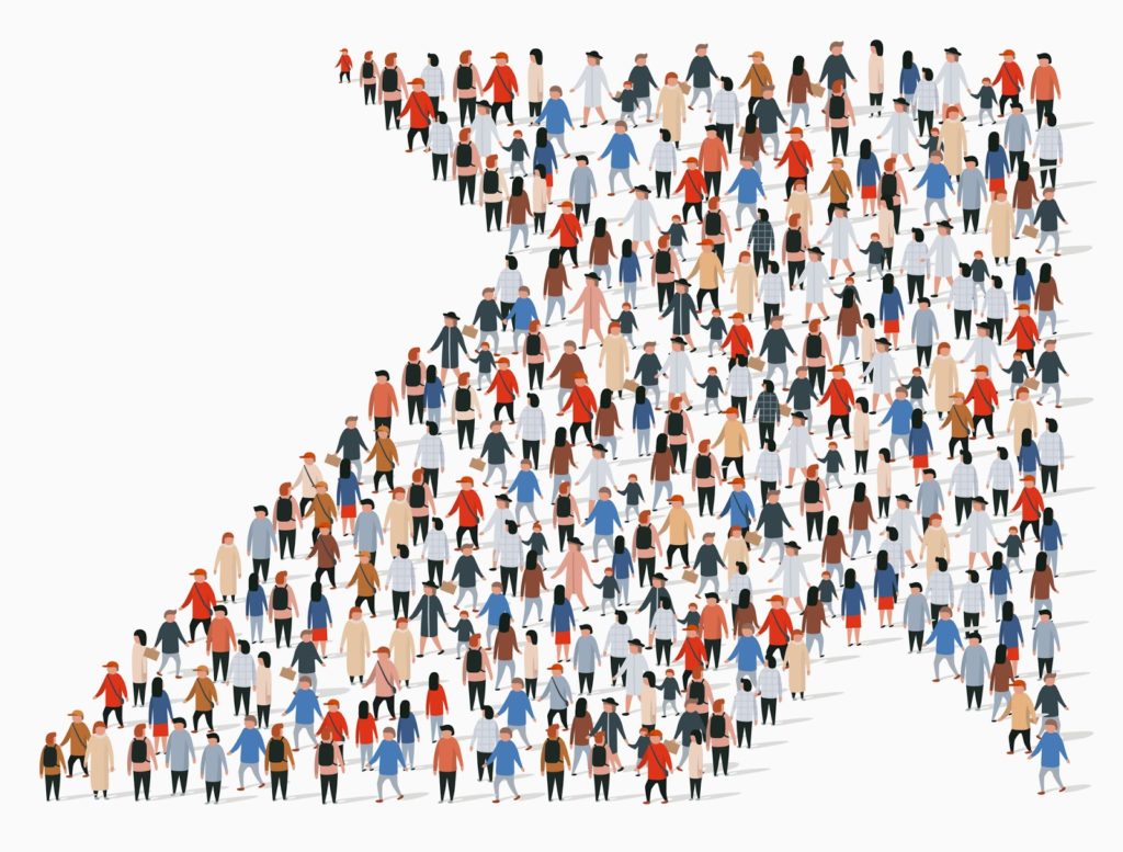Large group of people in the shape of an arrow. Vector illustration